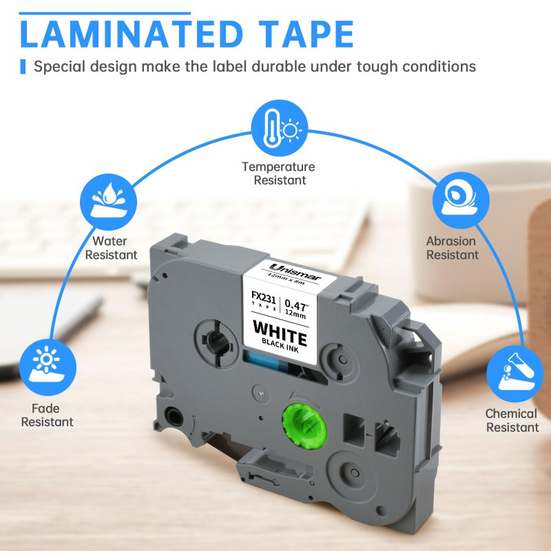 Unismar Compatible for Brother Flexible-ID TZe-FX231 12mm 0.47'' Laminated White Tze Flexible Cable Wire Tape for Ptouch PT-D200 PT-D220 PT-D210 PT-D600 PT-D400 PT-H100 PT-H110, 1/2" x 26.2', 5-Pack - Image 2